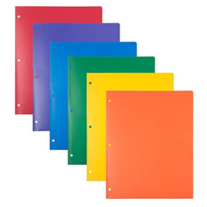 JAM PAPER Heavy Duty Plastic 3 Hole Punch School Folders with Pockets - Assorted Primary Colors - 6/Pack