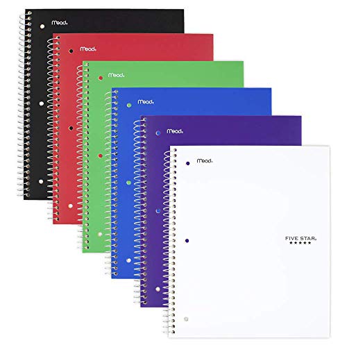Five Star Spiral Notebook, 5 Subject, College Ruled Paper, 200 Sheets, 11" x 8-1/2", Assorted Colors, 6 Pack (73793)