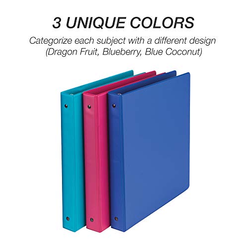 Samsill Fashion Color 3 Ring Storage Binders, 1 Inch Round Ring, Assorted Colors May Vary (Blue Coconut, Dragon Fruit, Blueberry), Bulk Binders - 6 Pack