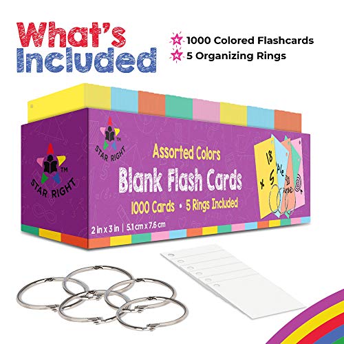 1000 Hole-Punched Cards with 5 Metal Sorting Rings Blank Flashcards in Assorted Colors