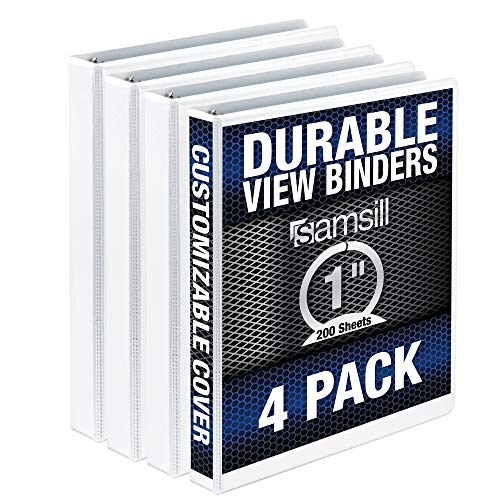 Samsill Durable 3 Ring View Binders, 1 Inch Round Ring - Holds 225 Sheets, PVC-Free / Non-Stick Customizable Cover, White , 4 Pack