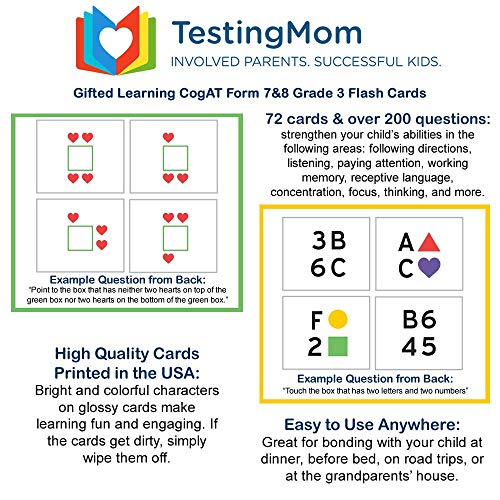 TestingMom.com CogAT Test Prep Flash Cards - Grade 3 (Level 9) - 72 Cards - 200+ Practice Questions - Tips for Higher Scores on The 3rd Grade CogAT Gifted and Talented Test - Verbal & Non-Verbal
