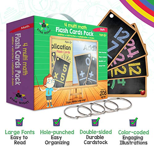 Multi Math Flashcards Pack - Addition, Subtraction, Multiplication, & Division - 1 Ring and 52 Hole Punched Cards Per Set - 208 Cards Total