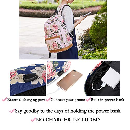 Lmeison Floral Backpack for College Women, Charging Bookbag with USB Charging Port, Canvas Travel Daypack Lightweight 15.6" Laptop Bag for School