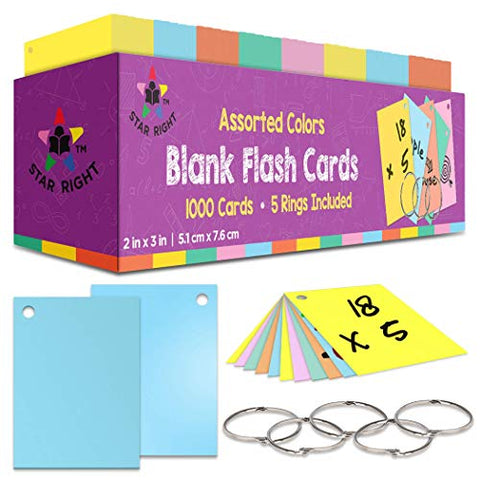 1000 Hole-Punched Cards with 5 Metal Sorting Rings Blank Flashcards in Assorted Colors