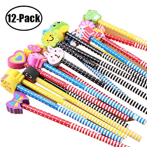 BUSHIBU Kids Wooden Pencils 12 Pack Colorful Stripe Pencil With Cute Cartoon Animals Eraser for School Supplies and Children Prize Gifts