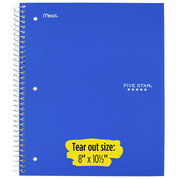 Five Star Spiral Notebook, 5 Subject, Wide Ruled Paper, 200 Sheets, 10-1/2 x 8 inches, Color Selected For You, 1 Count (05206)